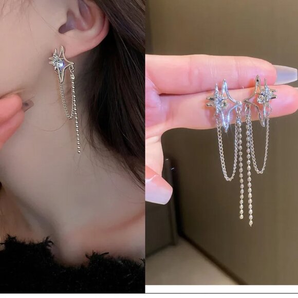 3/$35 Zirconia Star Tassel Chain Silver Tone Drop Dangle Earrings Women - Picture 1 of 5